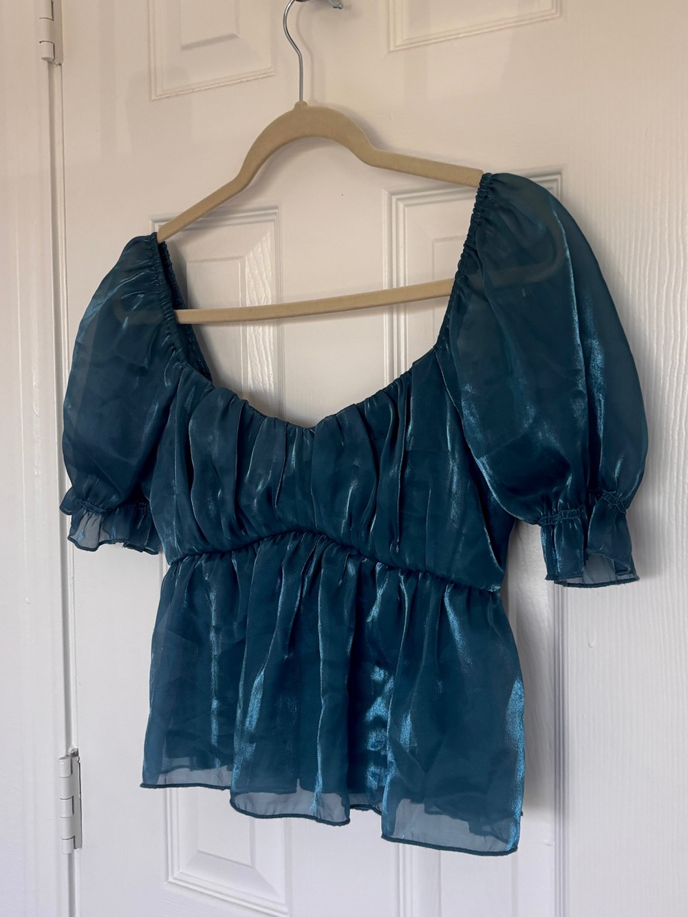 Sheer Teal Puff-Sleeve Peplum Top